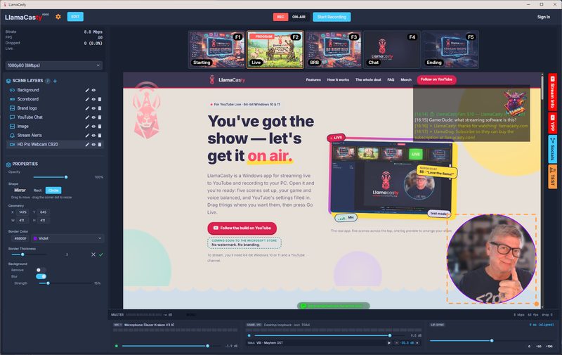 The LlamaCasty app window: five scene thumbnails across the top, the scene layers and properties on the left, a live preview of the site in the middle, the audio dock along the bottom, and the Stream Info, YPP, Socials and TEST tabs on the right edge.