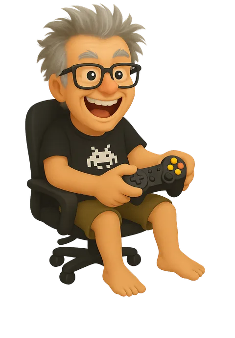 Cartoon of Gramps grinning in a gaming chair with a controller in his hands.